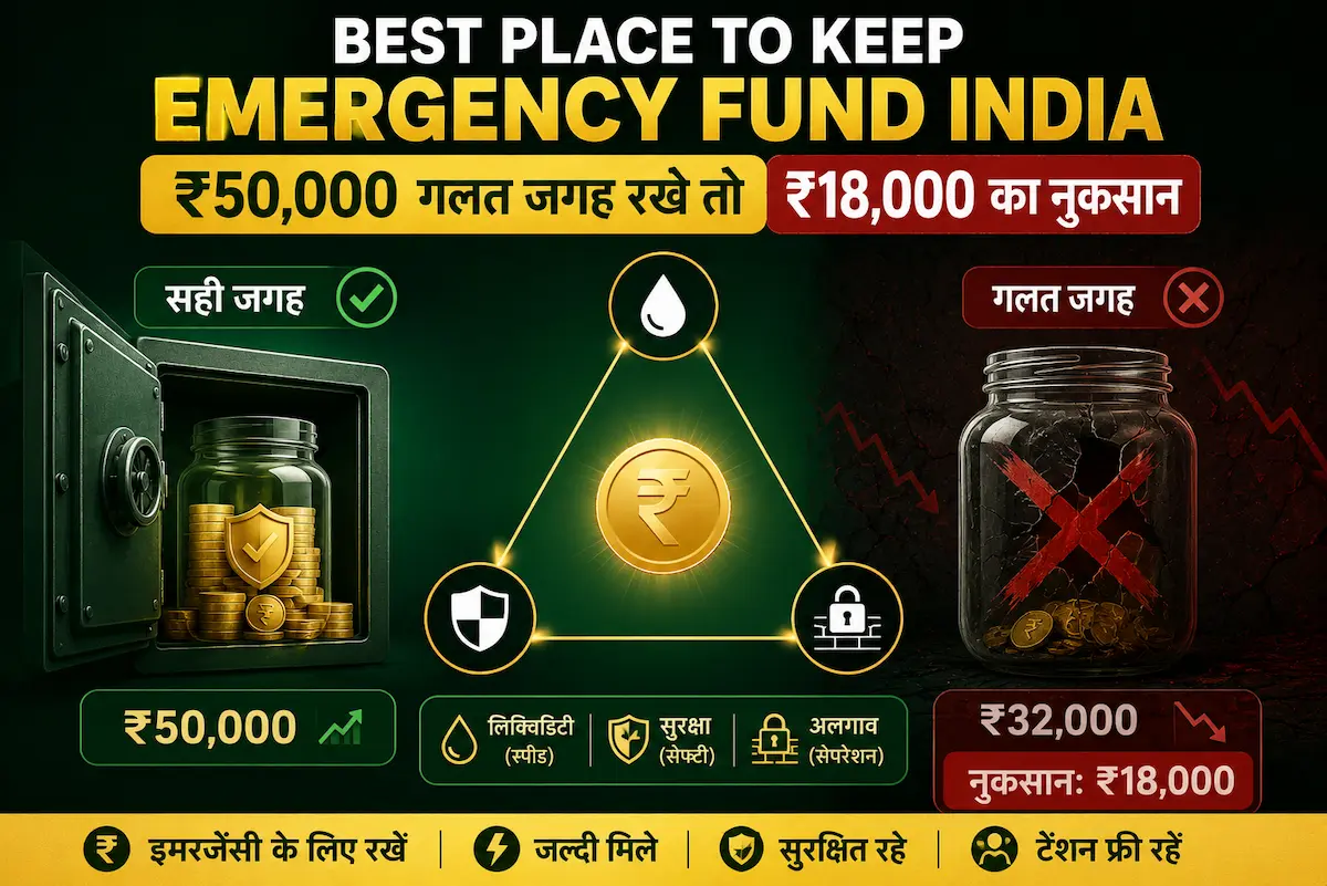 Best place to keep emergency fund in India illustration showing safe vs wrong emergency fund storage with liquidity safety and separation triangle