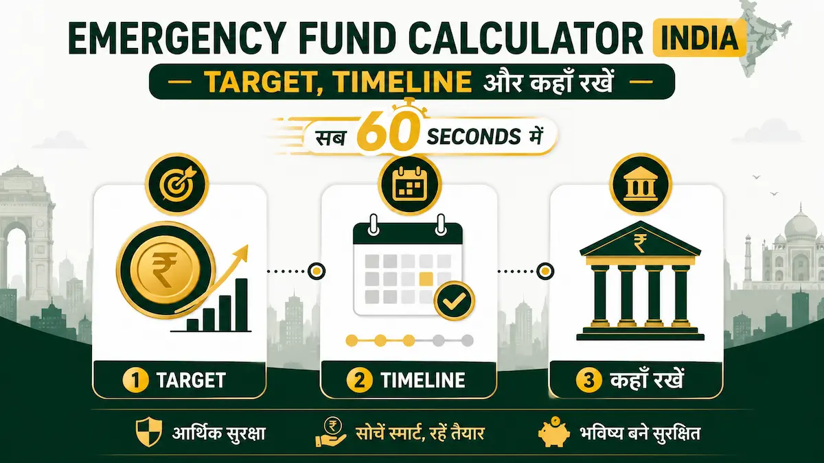 Emergency Fund Calculator India illustration showing target amount, savings timeline, and where to keep emergency money safely