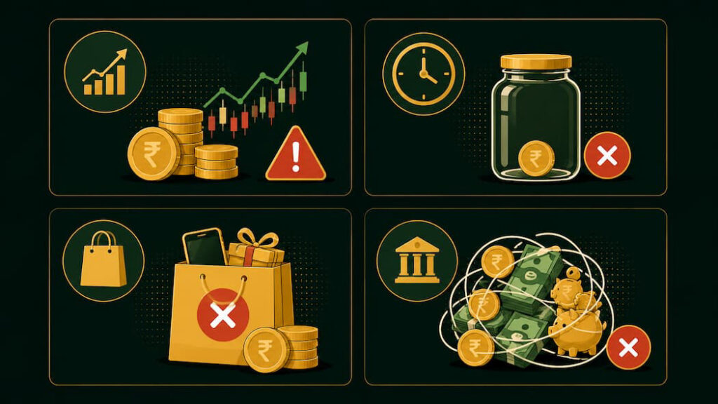 Emergency Fund कैसे बनाएं? Full Hindi Guide — ₹0 से शुरू करो, 6 महीने में Safe हो जाओ emergency fund mistakes India - invest karna galat jagah rakhna aur todna