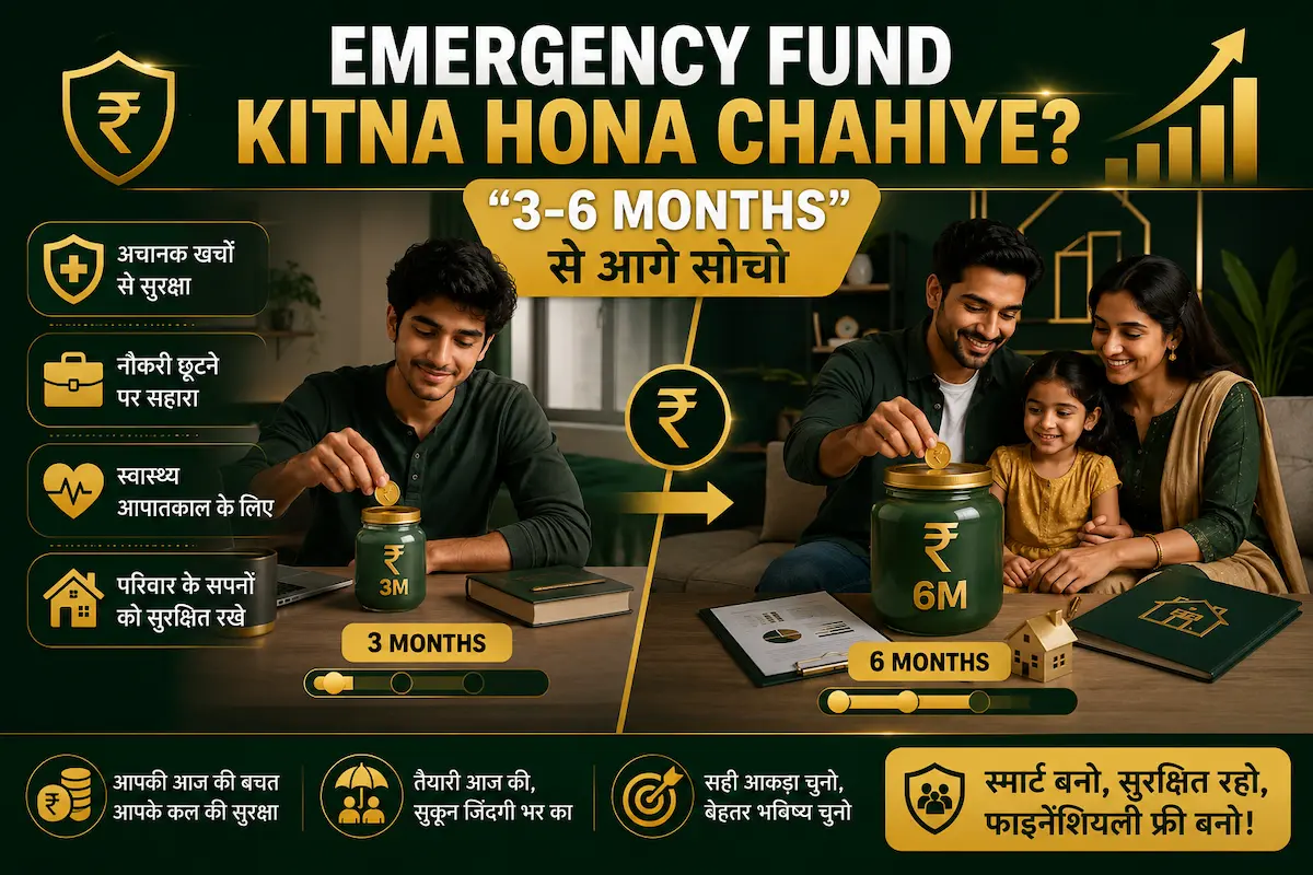 Single professional and Indian family comparing emergency fund savings goals with ₹3M and ₹9M jars in modern financial planning illustration