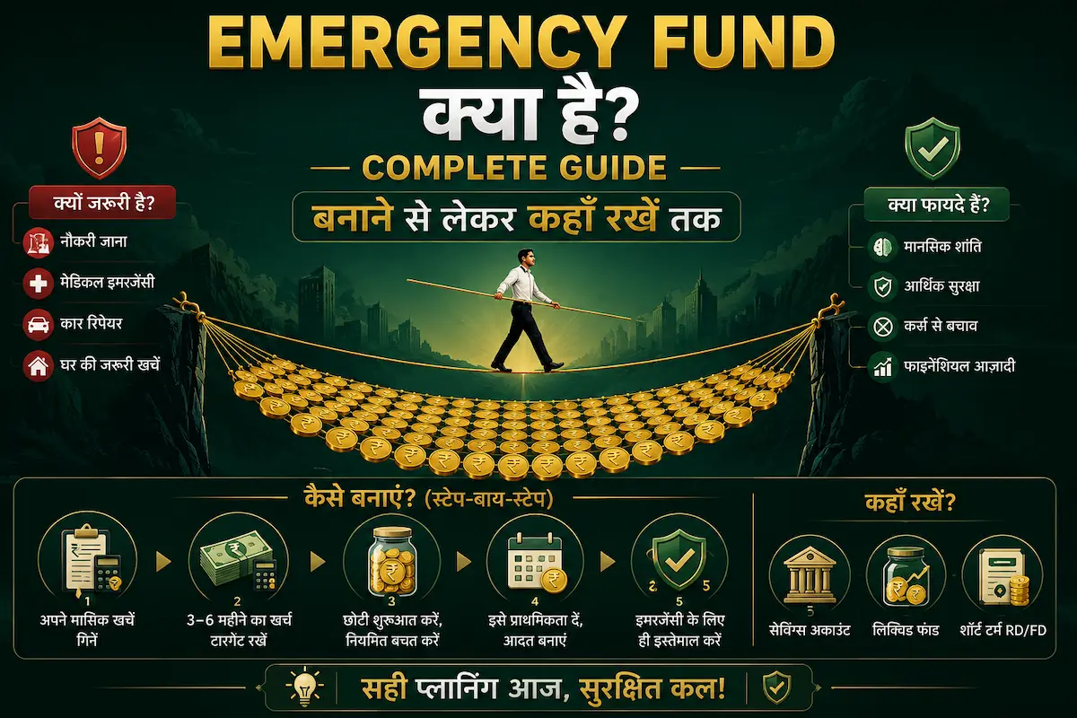 Emergency Fund complete guide illustration showing financial safety net, emergency situations, and money protection for Indian families