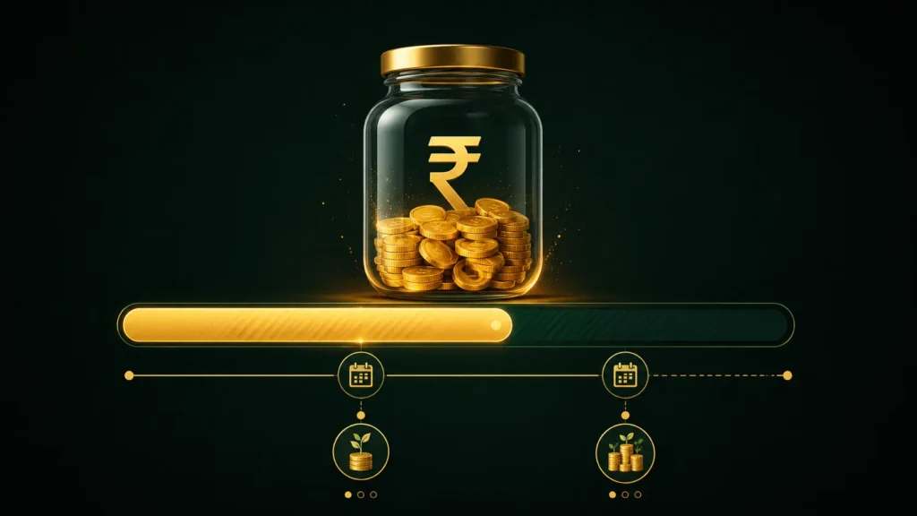 Emergency Fund कैसे बनाएं? Full Hindi Guide — ₹0 से शुरू करो, 6 महीने में Safe हो जाओ emergency fund target calculator India - 3 months 6 months savings jar progress
