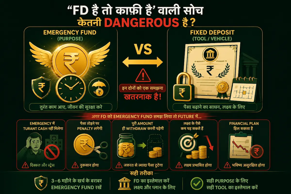 Emergency Fund vs Fixed Deposit comparison infographic showing why FD is not enough for emergencies in India