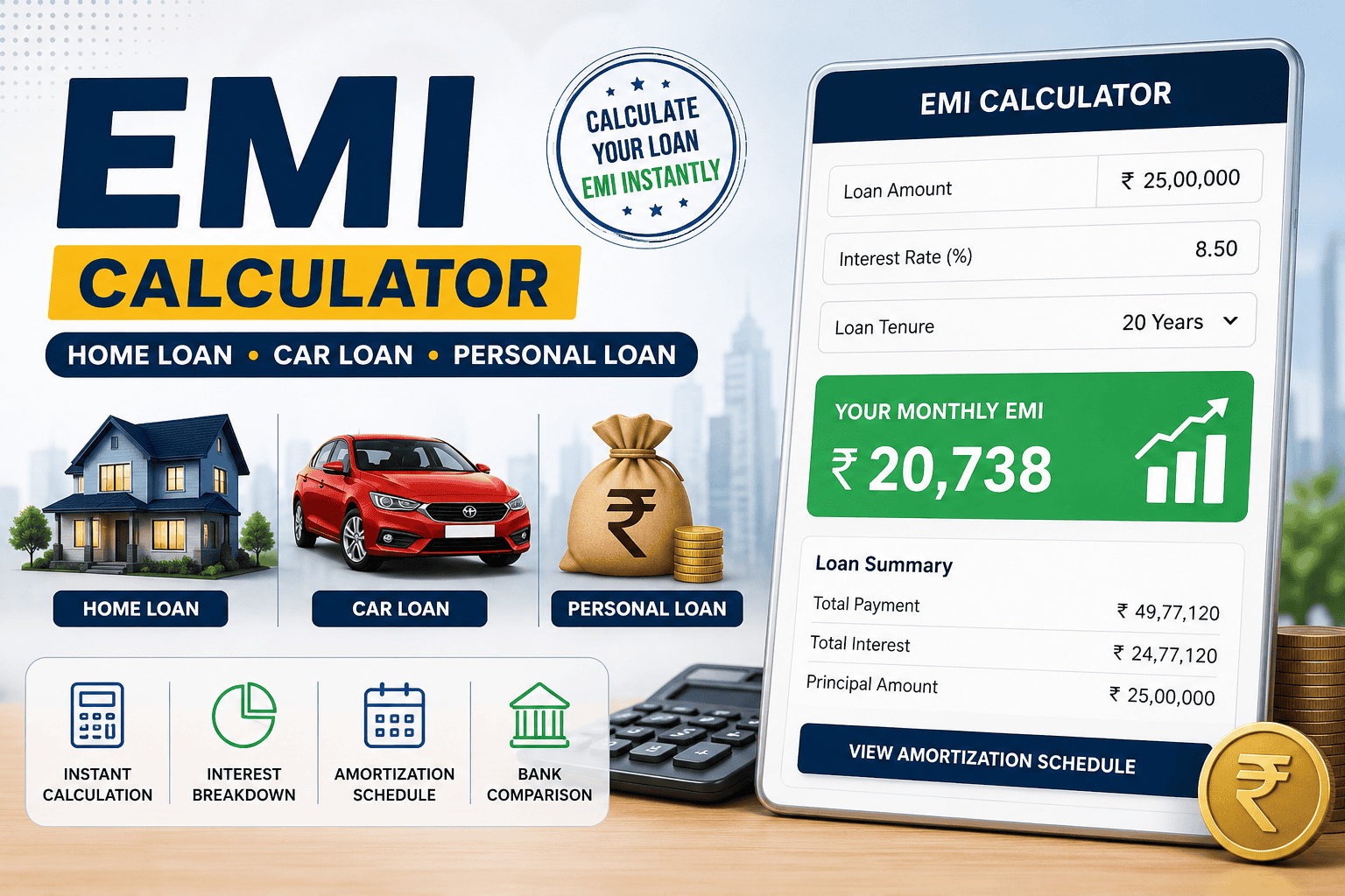 EMI Calculator India for Home Loan Car Loan and Personal Loan