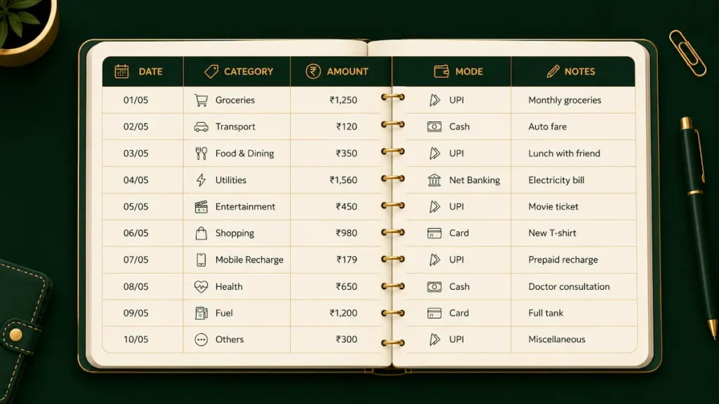 expense tracker spreadsheet columns date category amount mode note