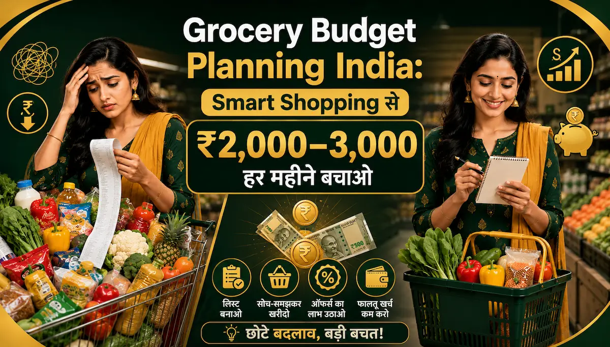 Grocery Budget Planning India illustration showing an Indian woman overspending with a full cart versus smart shopping with a grocery list and organized basket to save money on monthly grocery expenses.