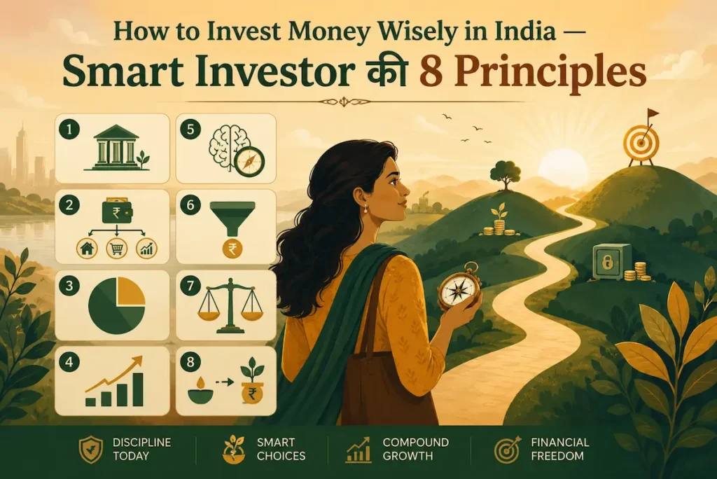 How to invest money wisely in India illustration showing smart investor principles, financial planning roadmap, SIP, asset allocation and wealth-building journey