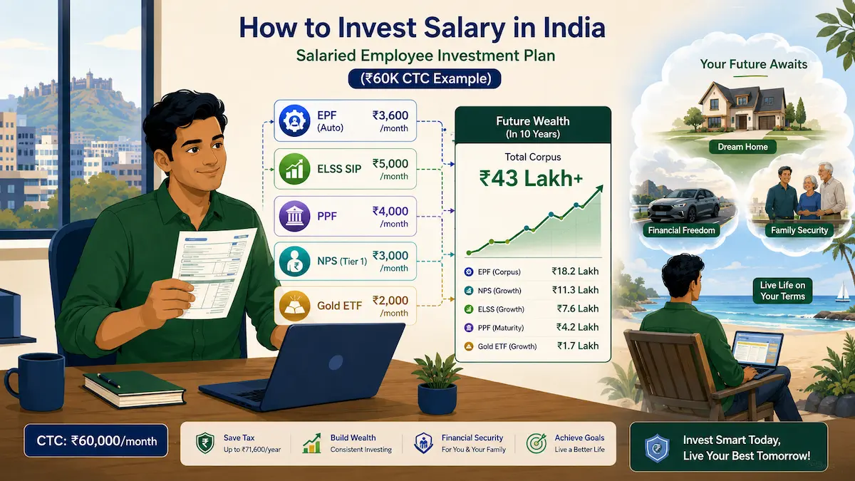 Young Indian salaried employee planning EPF, ELSS, PPF, NPS and Gold ETF investments for long-term wealth creation in India