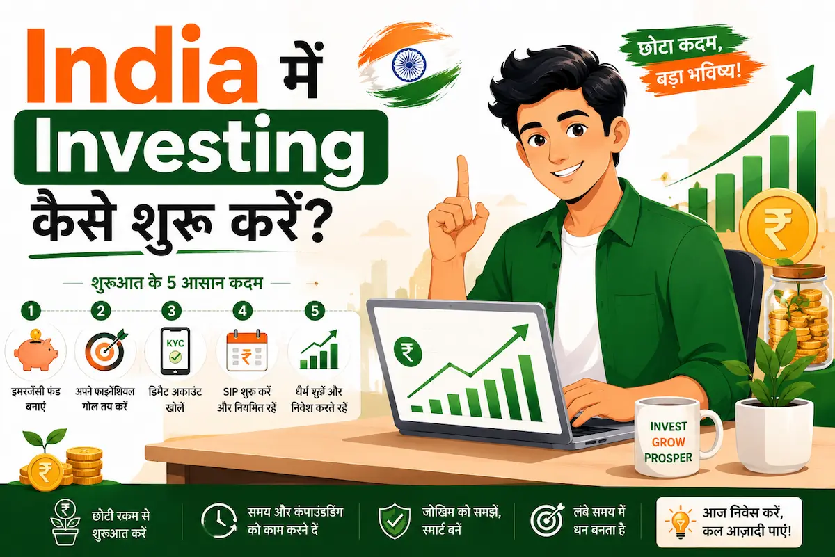 Laptop पर portfolio growth chart देखते हुए युवा भारतीय निवेशक की flat illustration, India में investing शुरू करने की beginner guide concept image