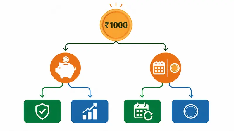 complete guide on how to invest ₹1000 in India using a decision tree framework for emergency fund and monthly SIP