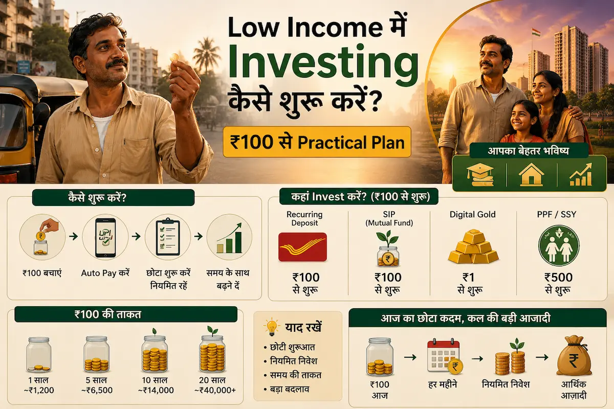 Low income Indian auto-rickshaw driver starting investment journey with ₹100 monthly savings and practical financial plan illustration