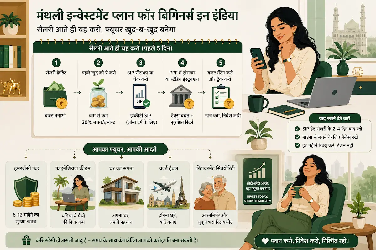 Monthly investment plan for beginners in India showing salary-based investing strategy with SIP, PPF, budgeting and automated wealth creation.