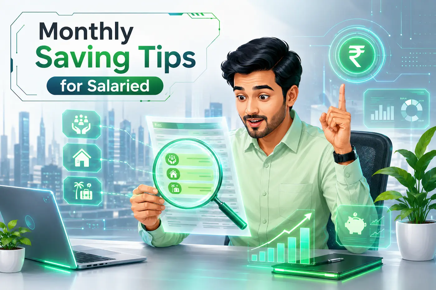 Indian salaried employee analyzing salary slip with monthly saving tips, investment growth chart, financial planning icons and futuristic green finance dashboard
