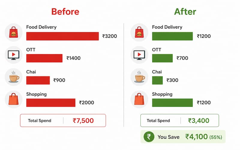 Before and after monthly budget comparison for ₹22000 salaried employee India