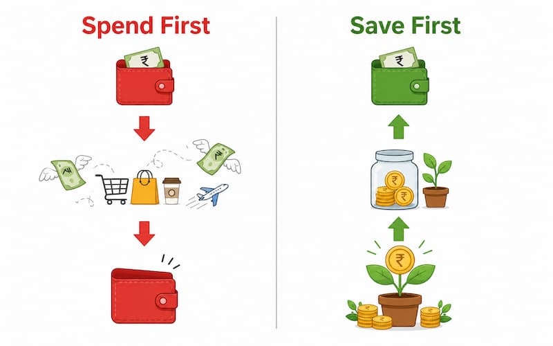 Spend-first vs Save-first salary cycle comparison infographic in Hindi
