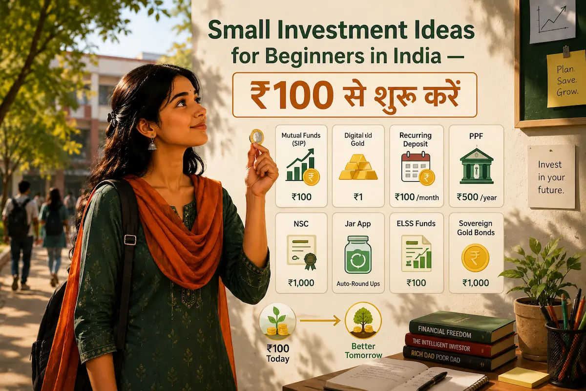 Young Indian college girl holding ₹100 coin with beginner investment options infographic and money growth concept