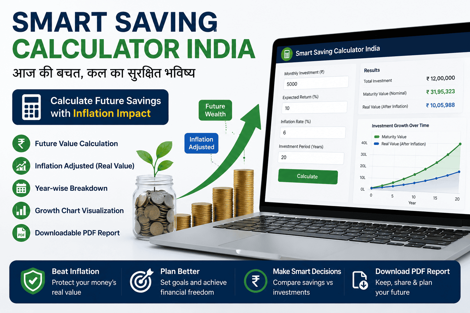 Smart Saving Calculator India showing future savings growth, inflation-adjusted value and investment chart