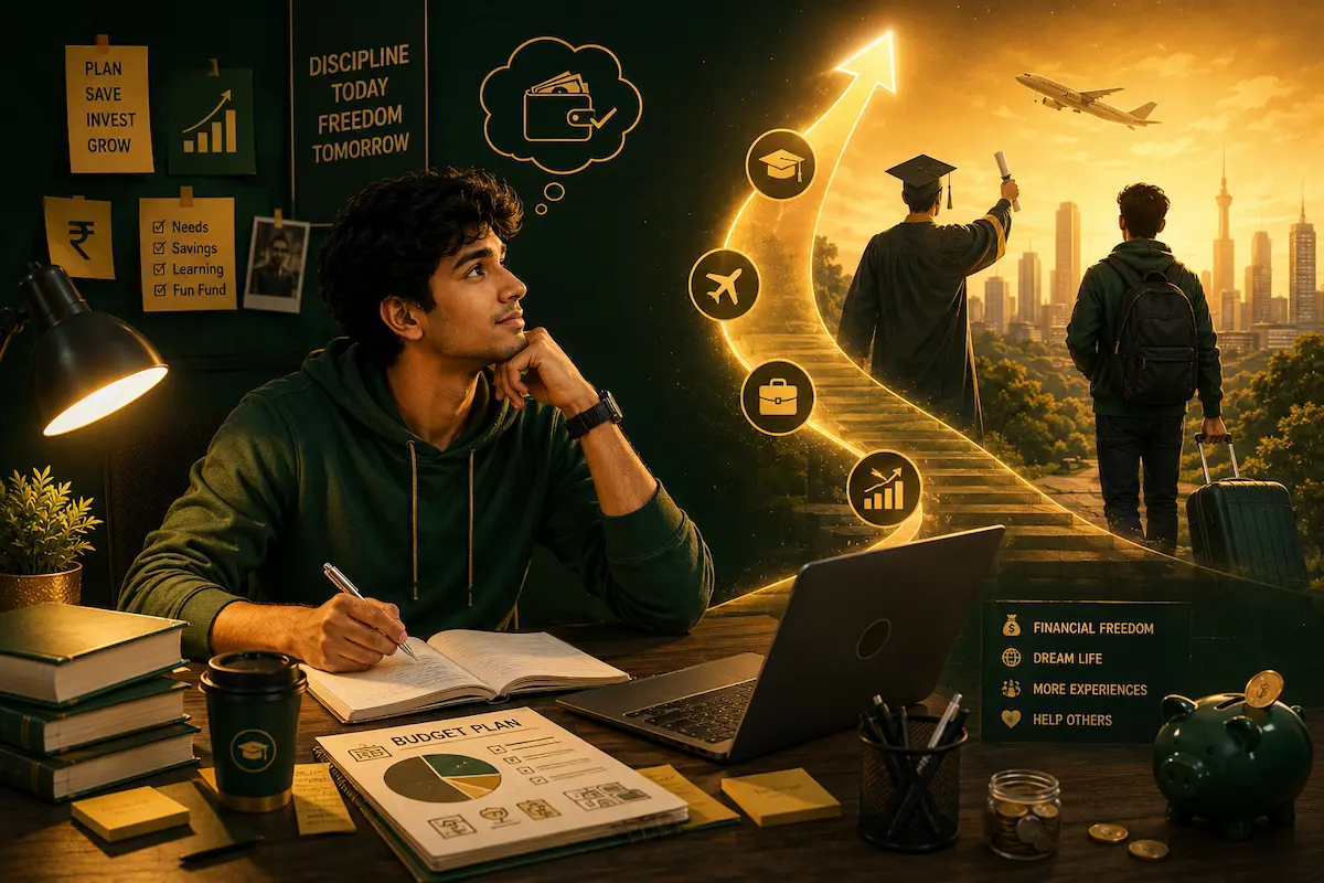 Indian college student planning budget and savings while studying, representing smart money management and financial goals