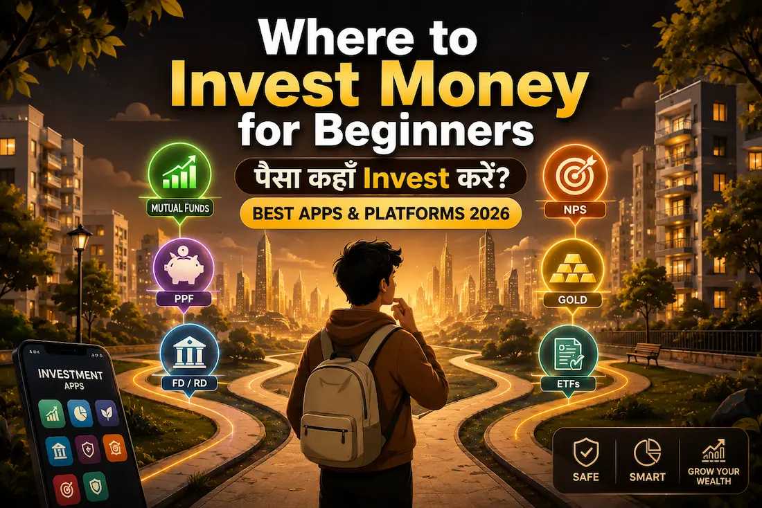 Young Indian beginner standing at investment crossroads choosing between SIP, PPF, NPS, Gold, FD and ETF investment options with apps and platforms illustration