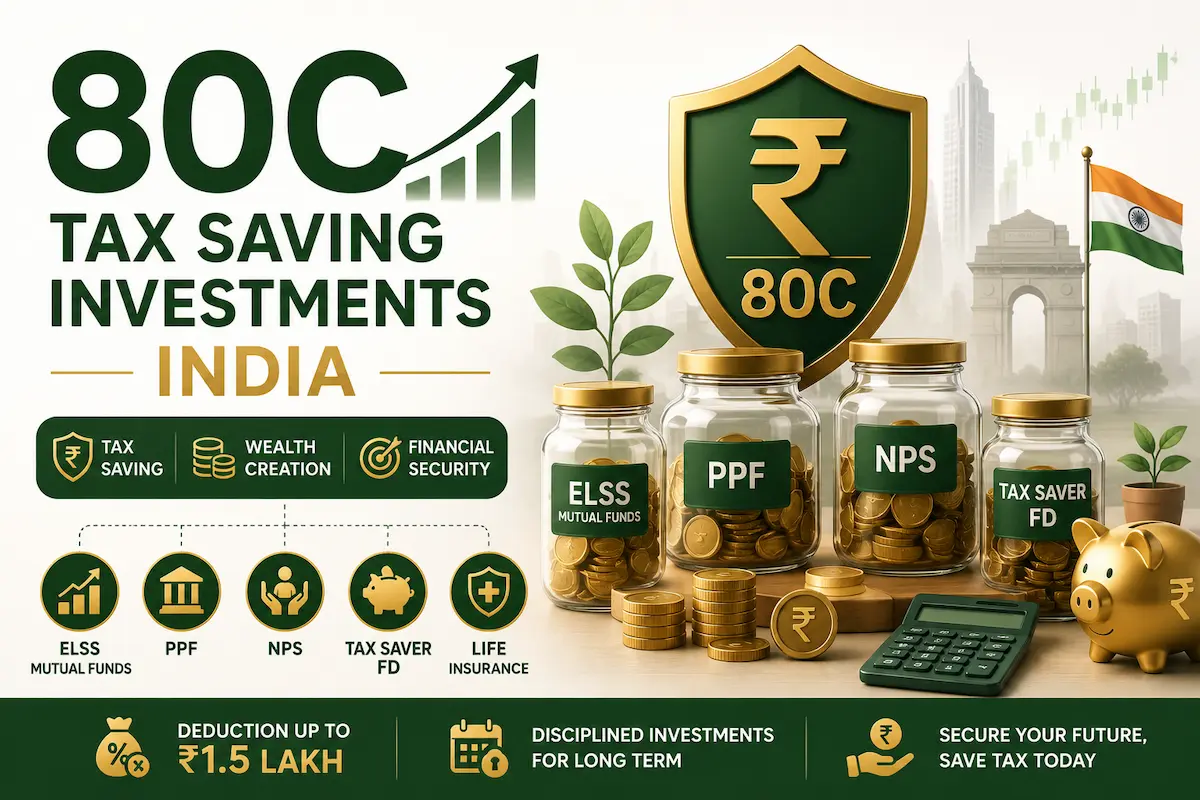 80C tax saving investments India guide showing ELSS PPF NPS and Tax Saver FD options