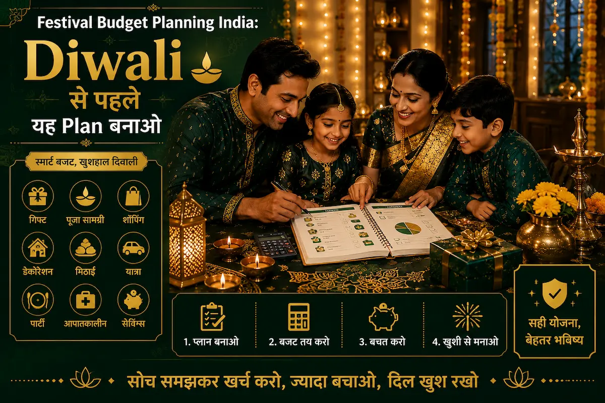 Festival Budget Planning India के लिए Diwali से पहले family expenses plan करते हुए खुश भारतीय परिवार