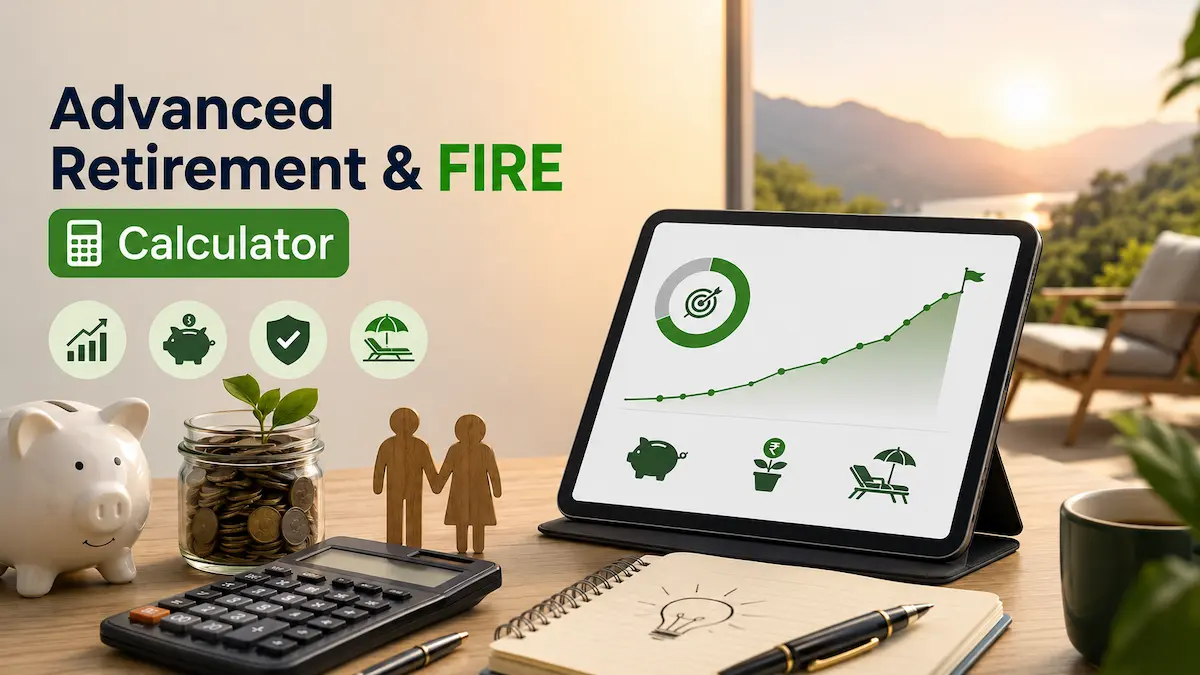 Advanced Retirement & FIRE Calculator illustration with retirement planning dashboard, calculator, piggy bank, investment growth chart, and financial freedom concept.