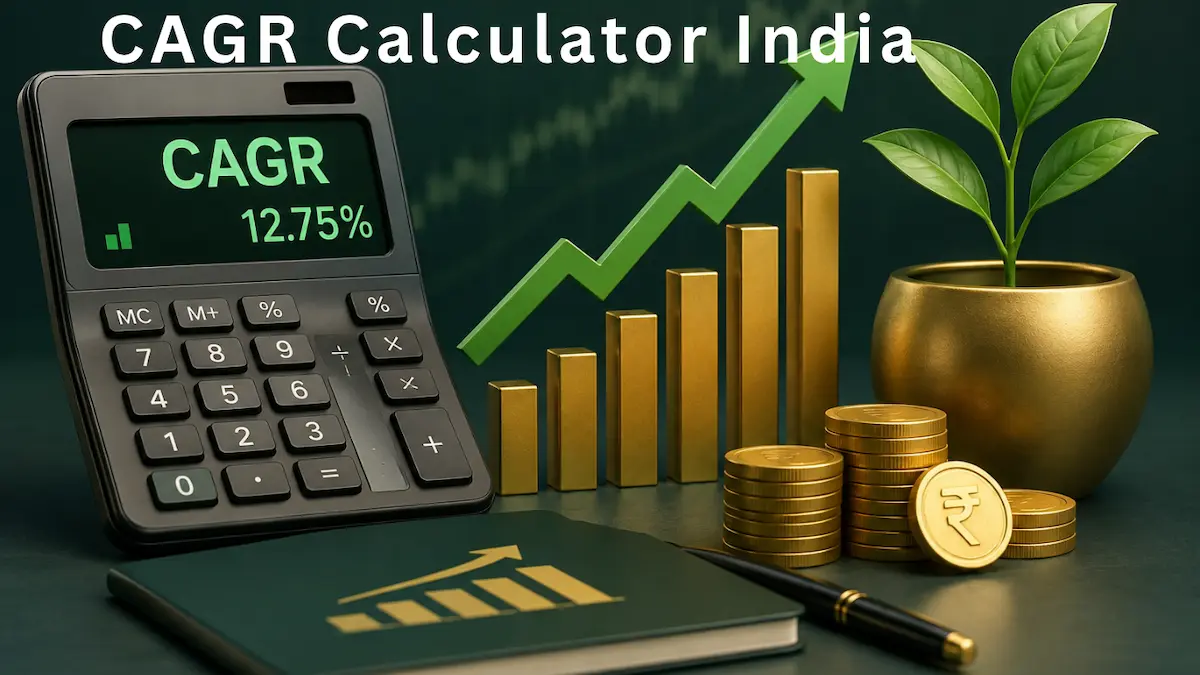 CAGR Calculator India का 3D illustration जिसमें financial calculator, growth chart, ₹ coin, gold bars और investment plant दिखाया गया है।