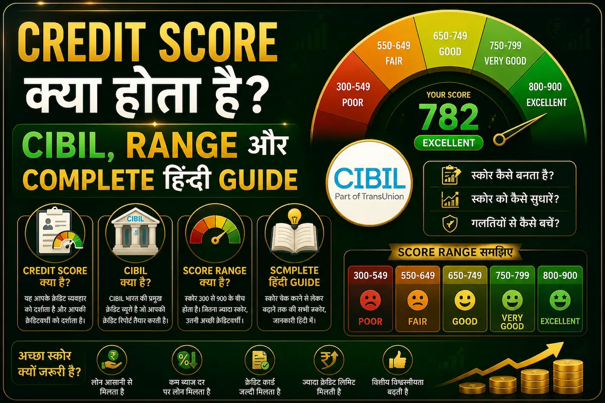 Credit Score क्या होता है, CIBIL Score Range और Credit Rating Guide दिखाती हुई infographic image जिसमें score meter और financial icons हैं
