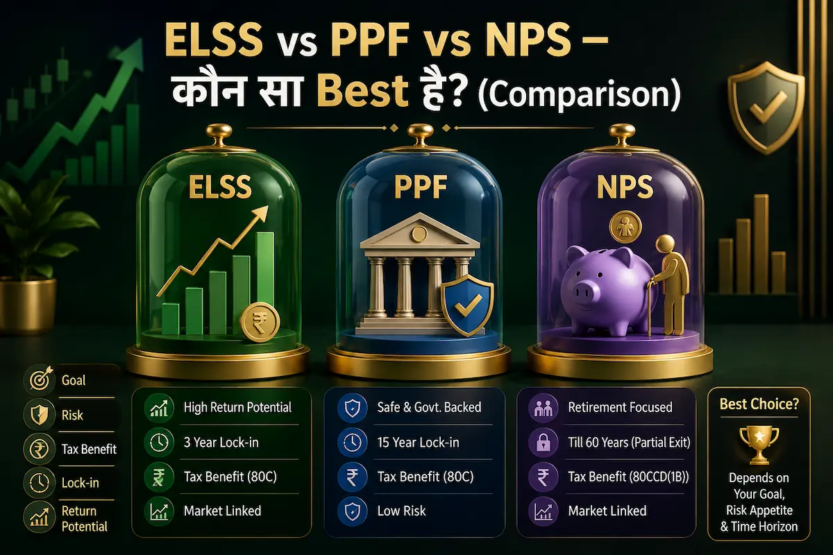 ELSS vs PPF vs NPS comparison illustration showing tax saving, returns, risk and retirement planning options for Indian investors