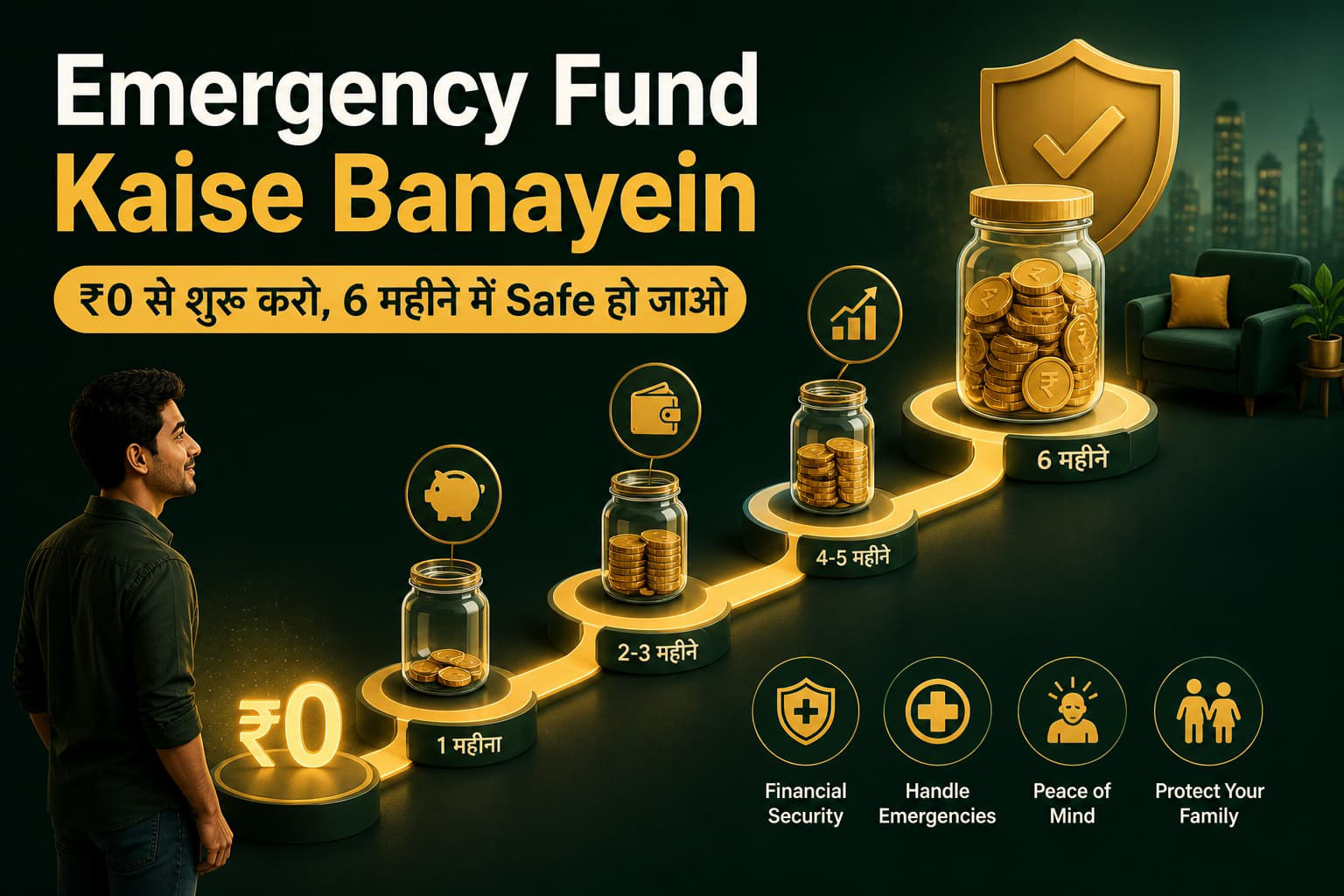 Emergency Fund Kaise Banayein illustration showing ₹0 to 6 month savings journey in India