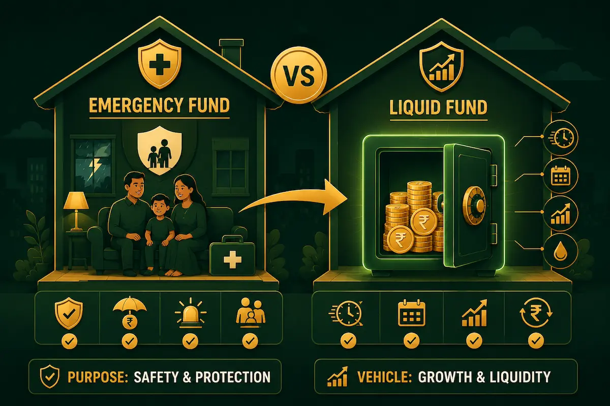 Emergency Fund vs Liquid Fund illustration showing safety purpose and liquid fund storage concept with safe locker and rupee coins
