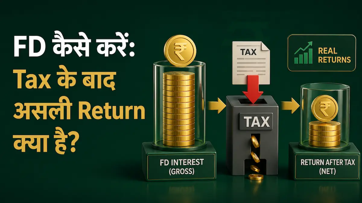 Fixed Deposit safe growth India with rupee coins and secure vault illustration