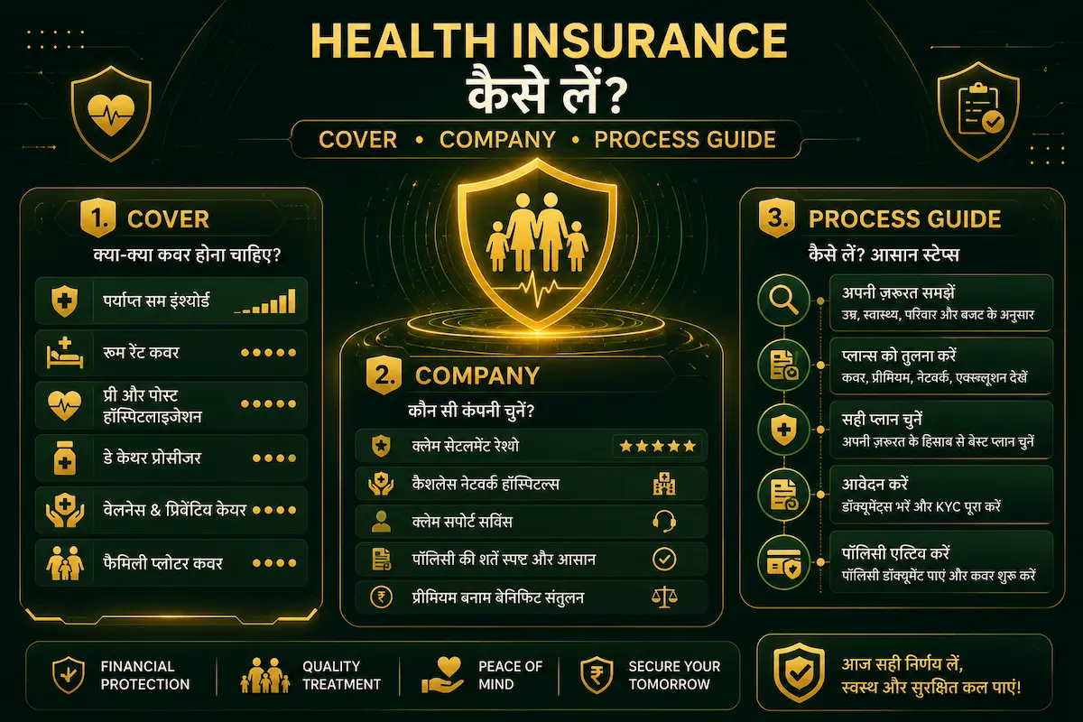 Health Insurance कैसे लें guide infographic जिसमें cover selection, insurance company comparison और policy process steps दिखाए गए हैं