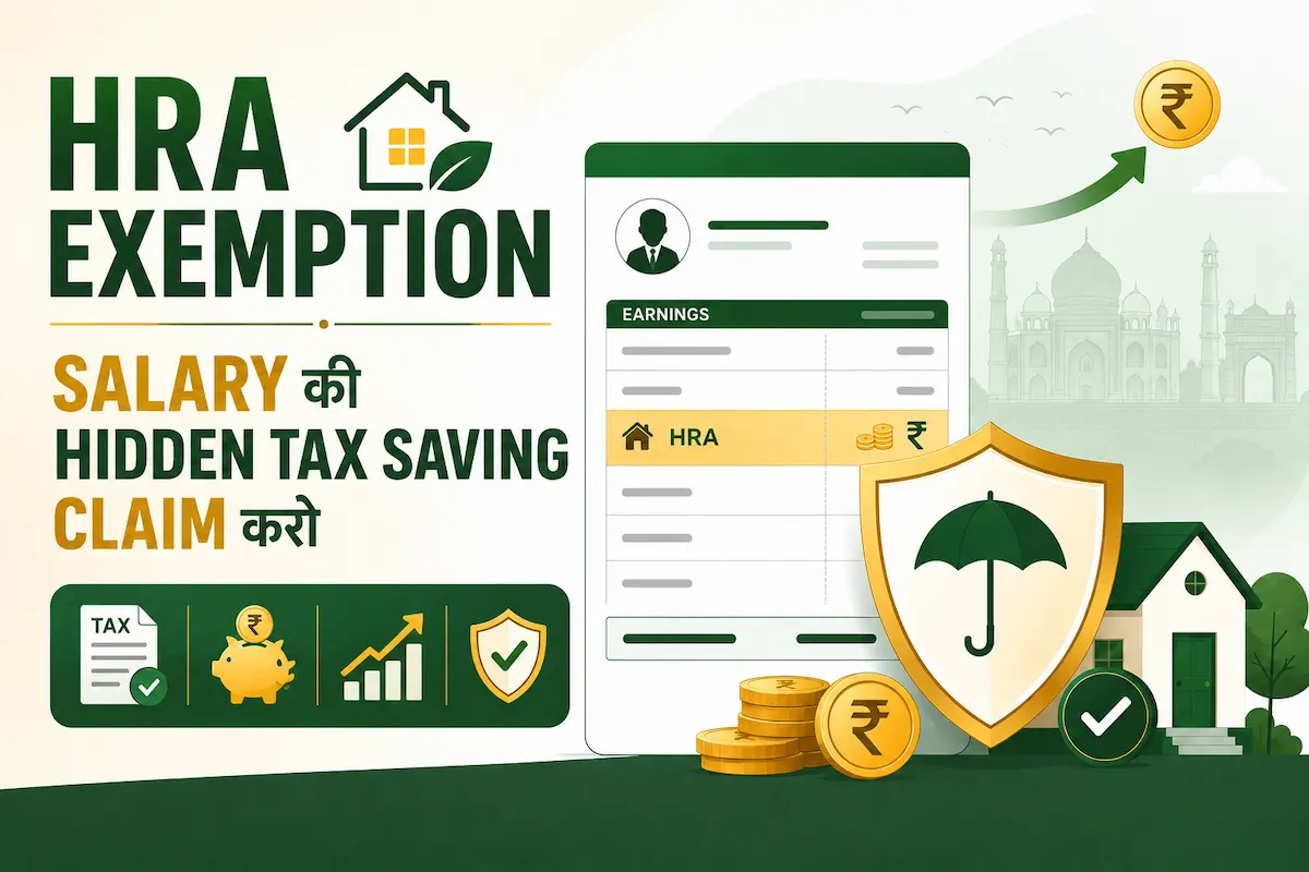HRA Exemption salary hidden tax saving illustration with payslip, house rent allowance and tax shield