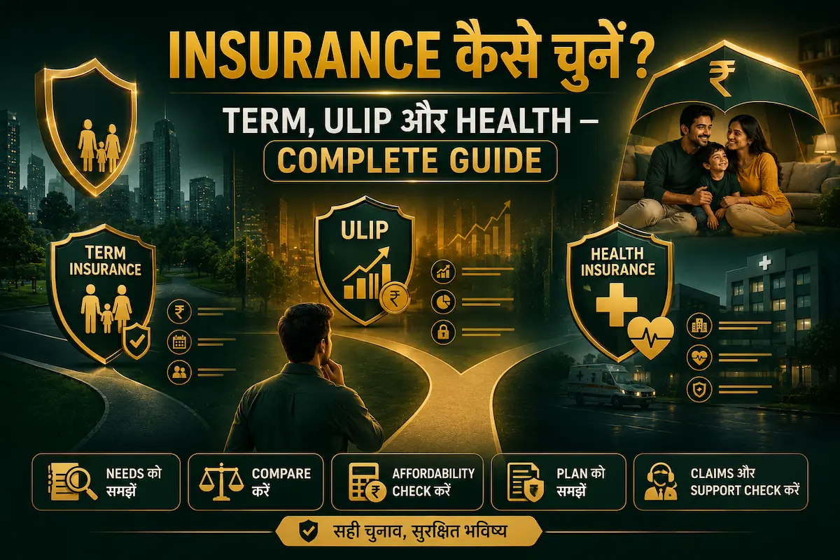 Insurance कैसे चुनें guide showing Term Insurance, ULIP और Health Insurance comparison with protection shield and Indian family financial security concept