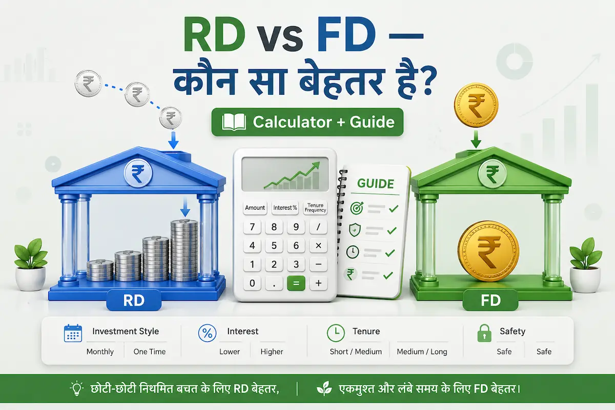 RD vs FD Calculator Guide India showing Recurring Deposit monthly saving and Fixed Deposit one time investment comparison with interest and tenure features