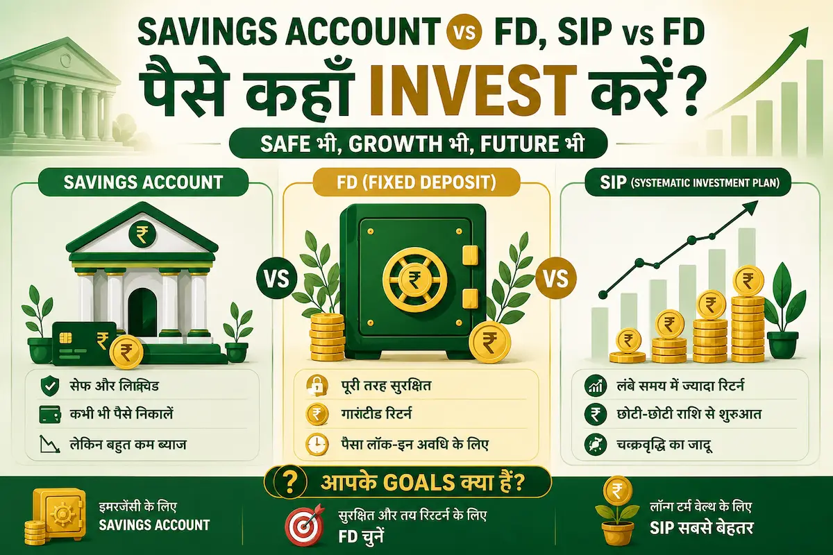 Savings Account vs FD vs SIP comparison in Hindi – पैसे invest करने के लिए बेहतर option कौन सा है