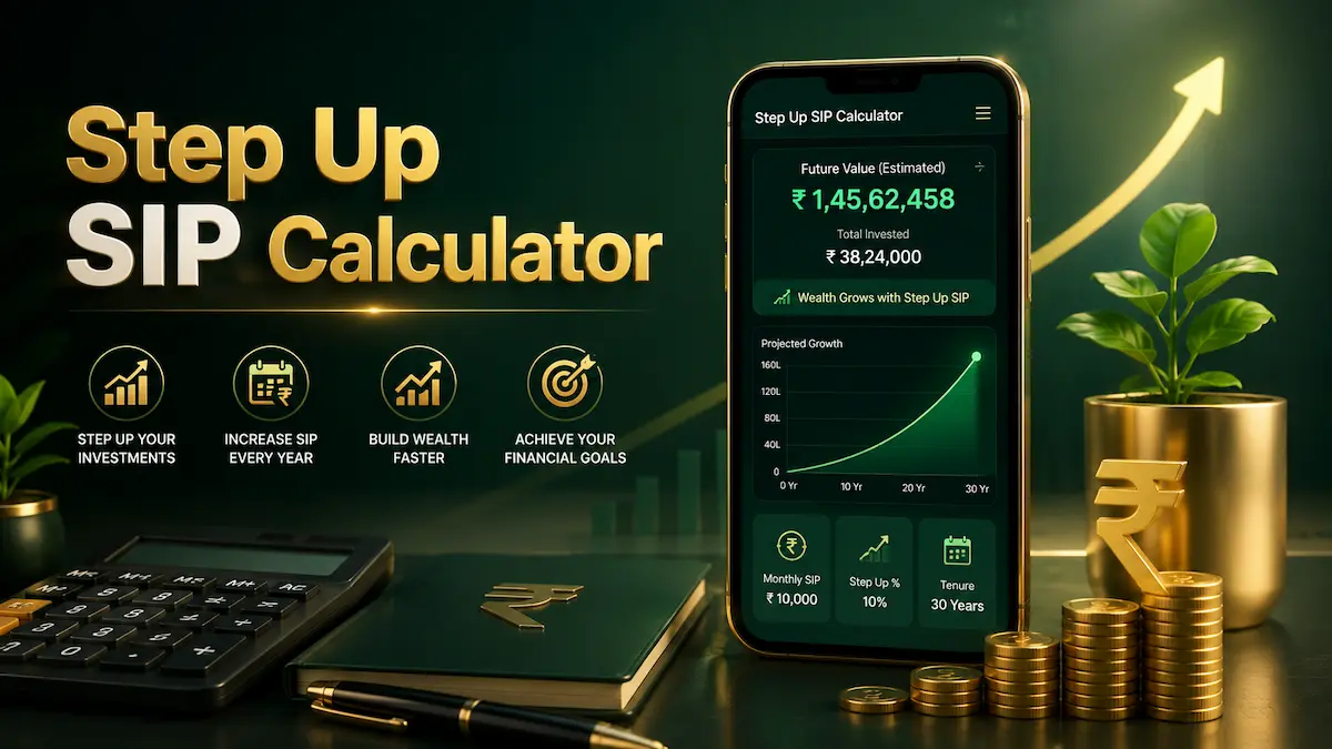 Step Up SIP Calculator dashboard with annual SIP increase, investment growth chart, calculator, rupee symbol and gold coins.