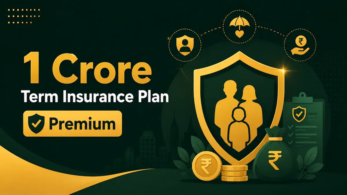 1 Crore Term Insurance Plan Premium को दर्शाता हुआ शील्ड, परिवार और प्रीमियम सुरक्षा का वेक्टर इलस्ट्रेशन
