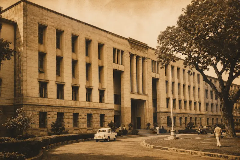 1960s Indian government office building with colonial-era architecture in warm sepia vintage style