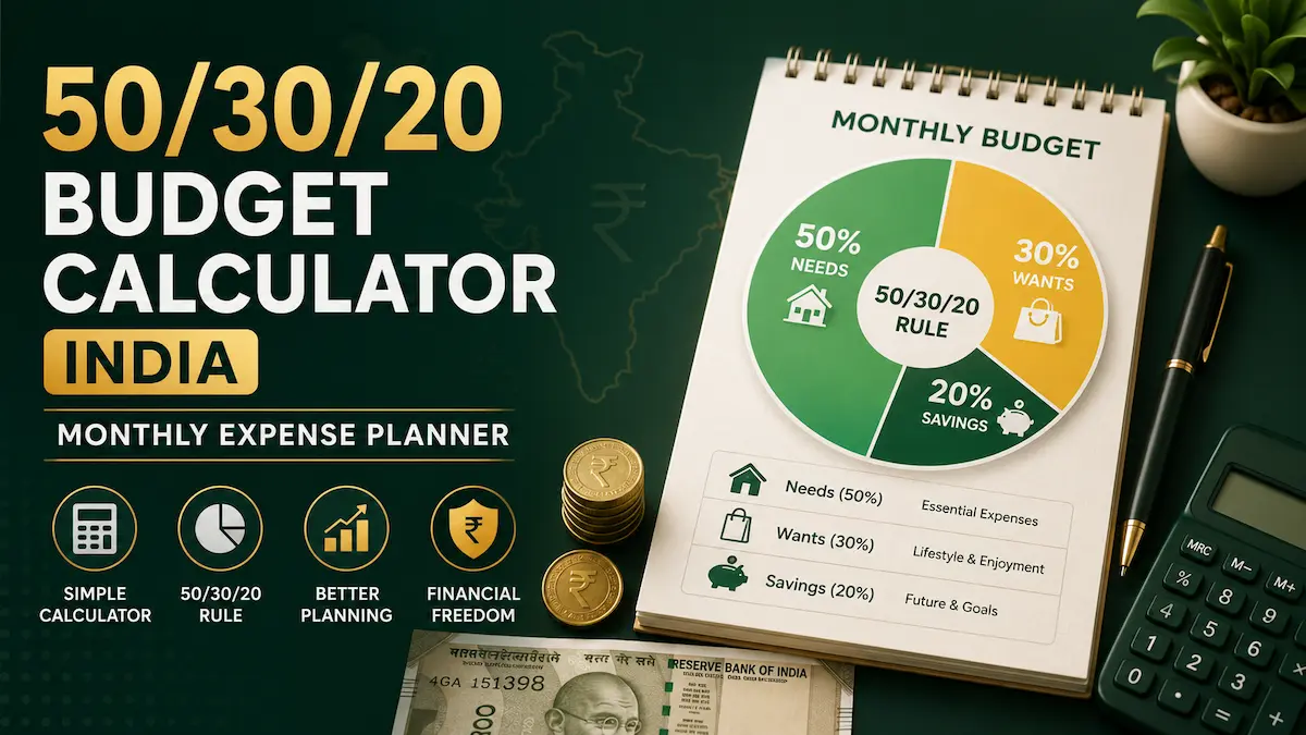 50/30/20 Budget Calculator India का इलस्ट्रेशन जिसमें 50% Needs, 30% Wants और 20% Savings का Monthly Budget Planner चार्ट दिखाया गया है।