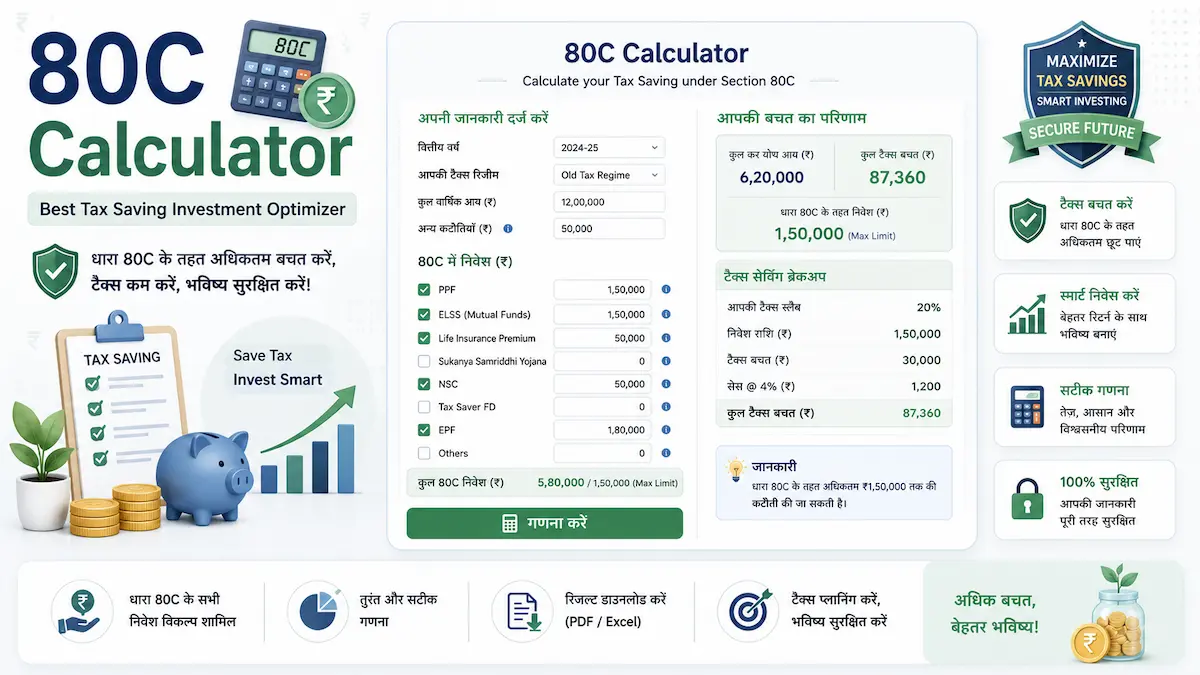 80C Calculator 2026 से Section 80C के तहत Tax Saving Investment और Tax Deduction की गणना करें