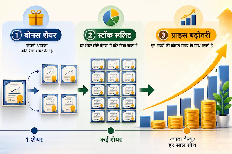 Bonus shares, stock split और price appreciation की प्रक्रिया दिखाता इन्फोग्राफिक