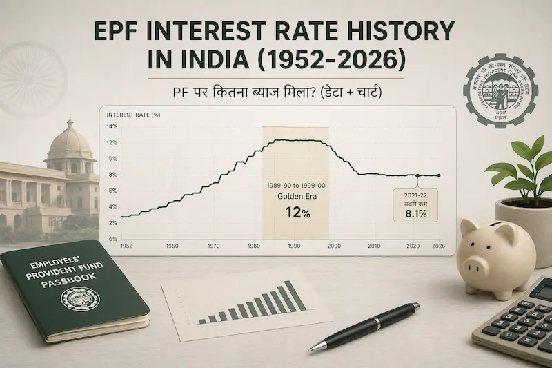 EPF Interest Rate History in India (1952–2026) का चार्ट और ऐतिहासिक ब्याज दरों का इन्फोग्राफिक