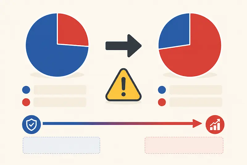 Equity vs debt asset allocation warning infographic showing pie chart shift from debt to equity