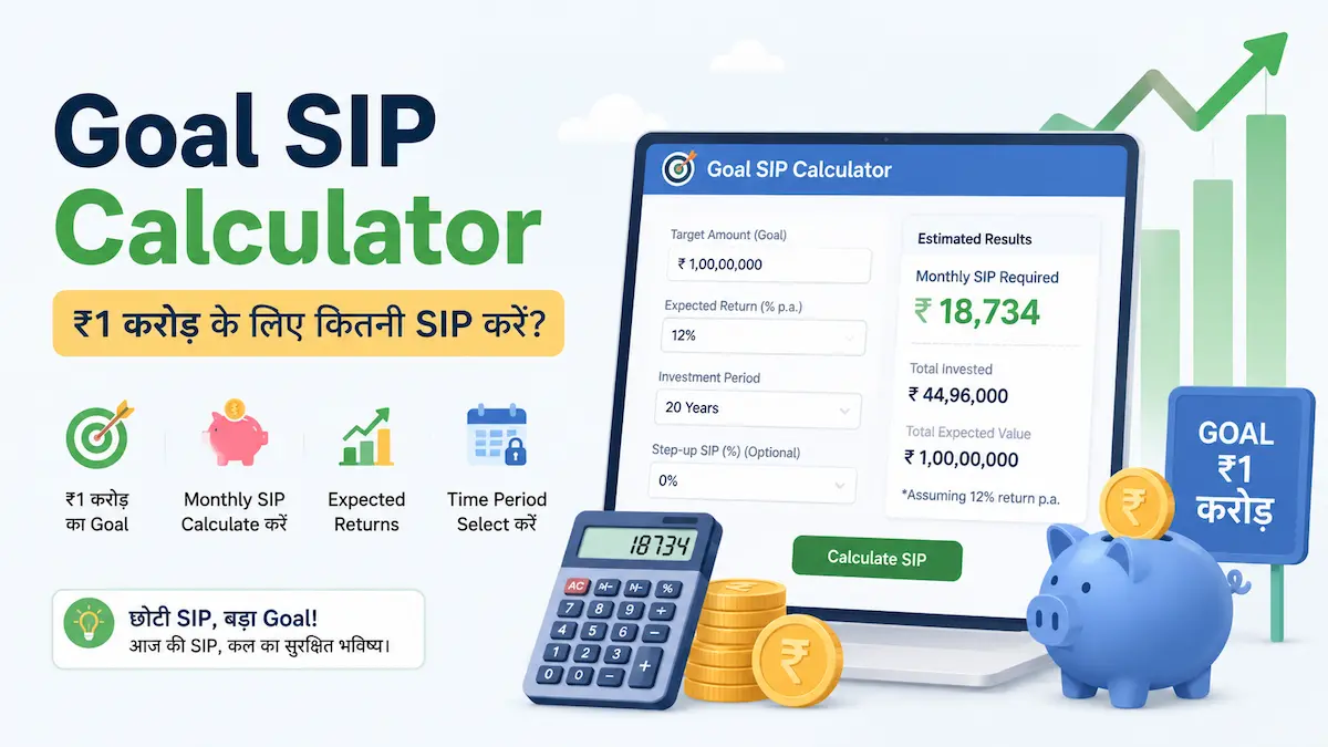 Goal Based SIP Calculator से ₹1 करोड़ जैसे Financial Goal के लिए Monthly SIP Amount की गणना करता हुआ इलस्ट्रेशन