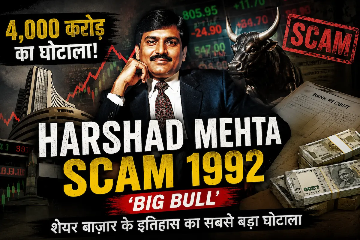 Harshad Mehta Scam in Hindi: 1992 के ₹4,000 करोड़ शेयर बाज़ार घोटाले का चित्रण