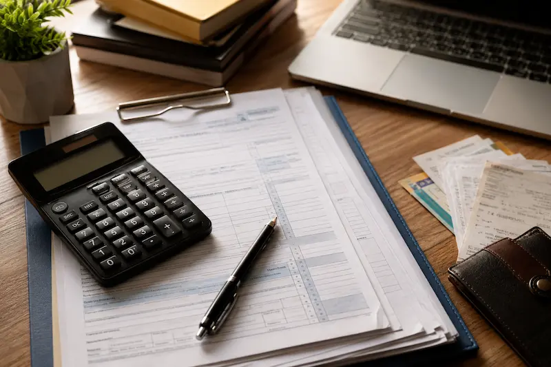 भारतीय आयकर रिटर्न फाइलिंग दस्तावेज, कैलकुलेटर और पेन के साथ Income Tax Filing की तैयारी