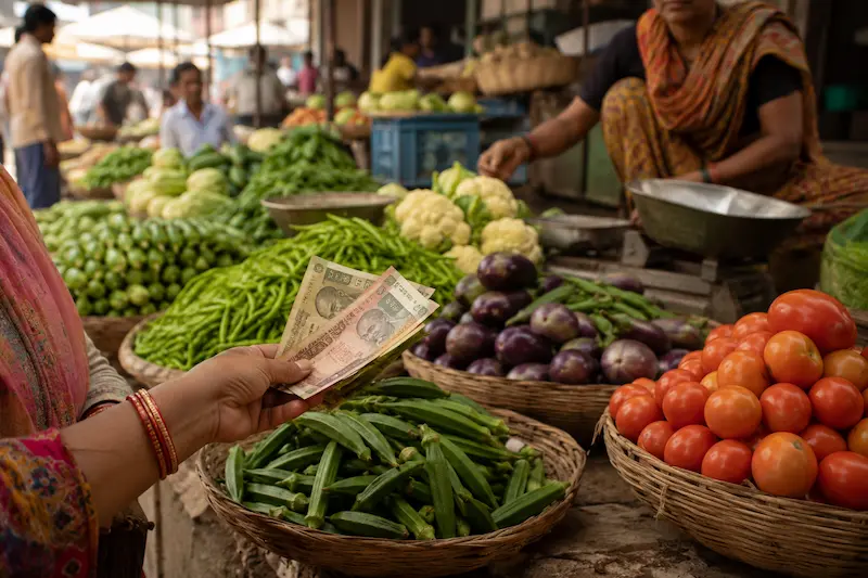 भारतीय सब्जी मंडी में सब्जियां खरीदते समय रुपये पकड़े हुए ग्राहक