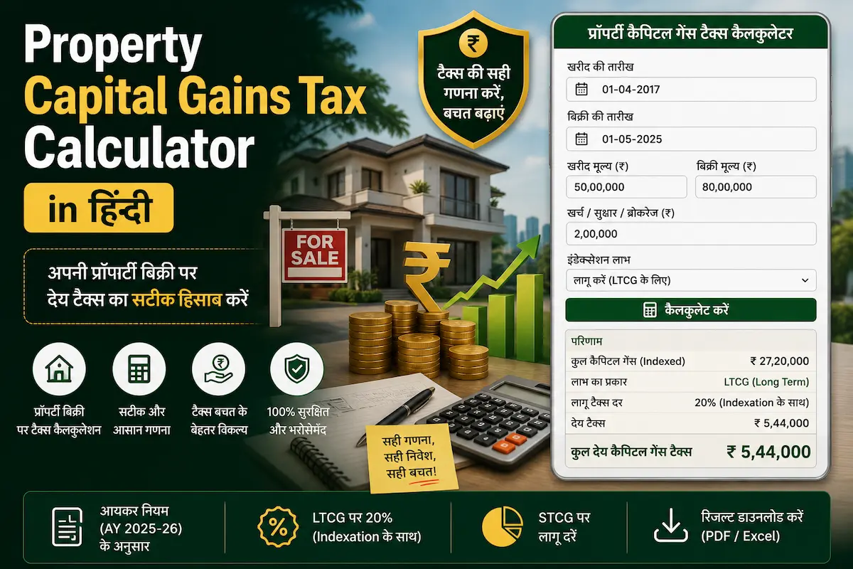 Property Capital Gains Tax Calculator in Hindi 2026 से प्रॉपर्टी बिक्री पर LTCG, STCG और Capital Gains Tax की गणना करें